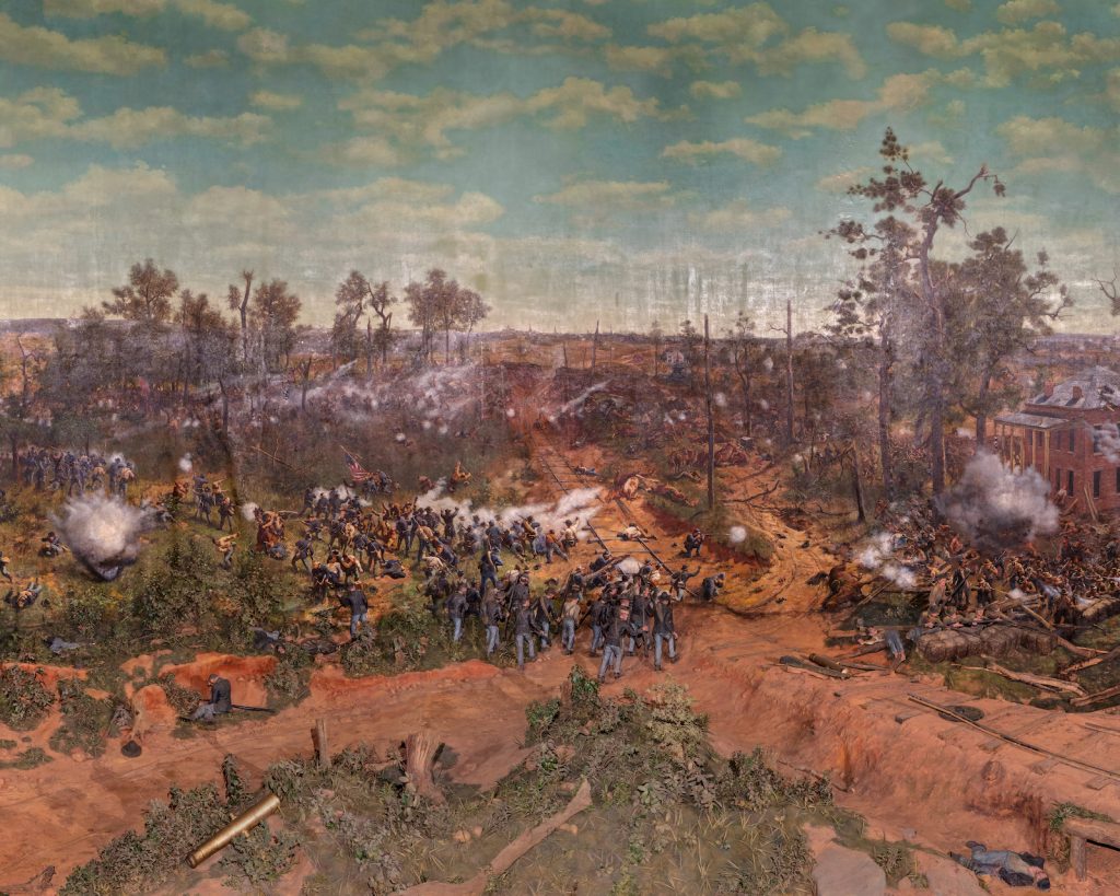 The Atlanta Cyclorama is presented here as six distinct panels, and is displayed at the Atlanta History Center as a continuous painting that is 49 feet high, 382 feet long, more than 9,000 pounds. Panel 1 of 6.