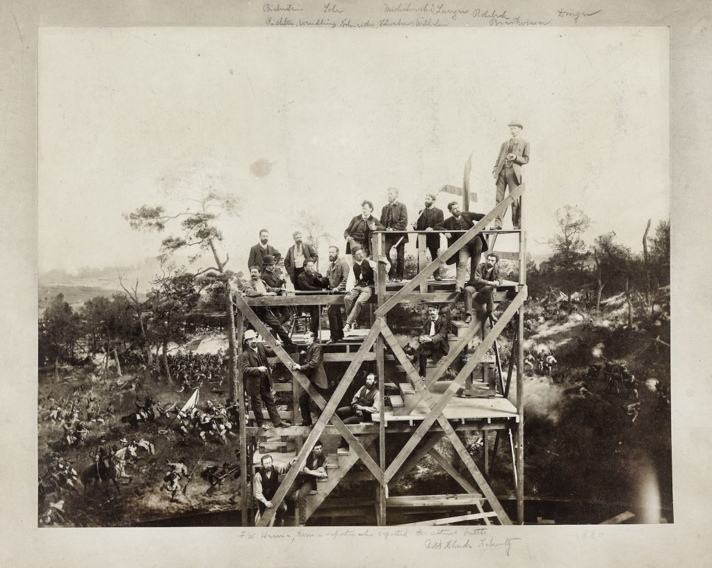A group of German panorama artists stand on scaffolding in their Milwaukee studio with the Atlanta Cyclorama behind them, 1886, courtesy the Wisconsin Historical Society, WHS-26071.