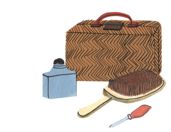 Illustration of suitcase, bottle, and brush
